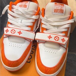 Louis Vuitton White and Orange Low-Top Logo Strap Sneakers